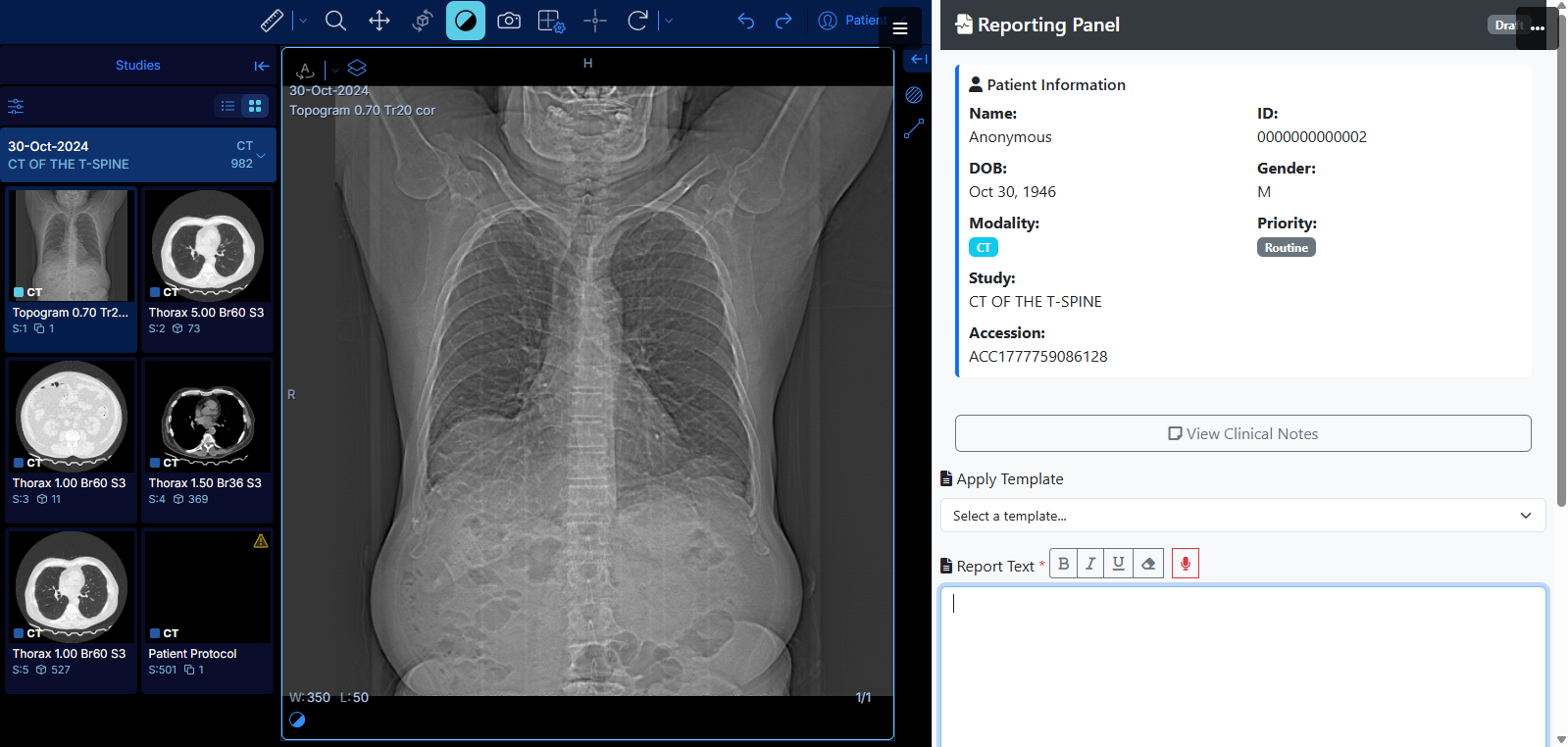 Radiology viewer and reporting panel